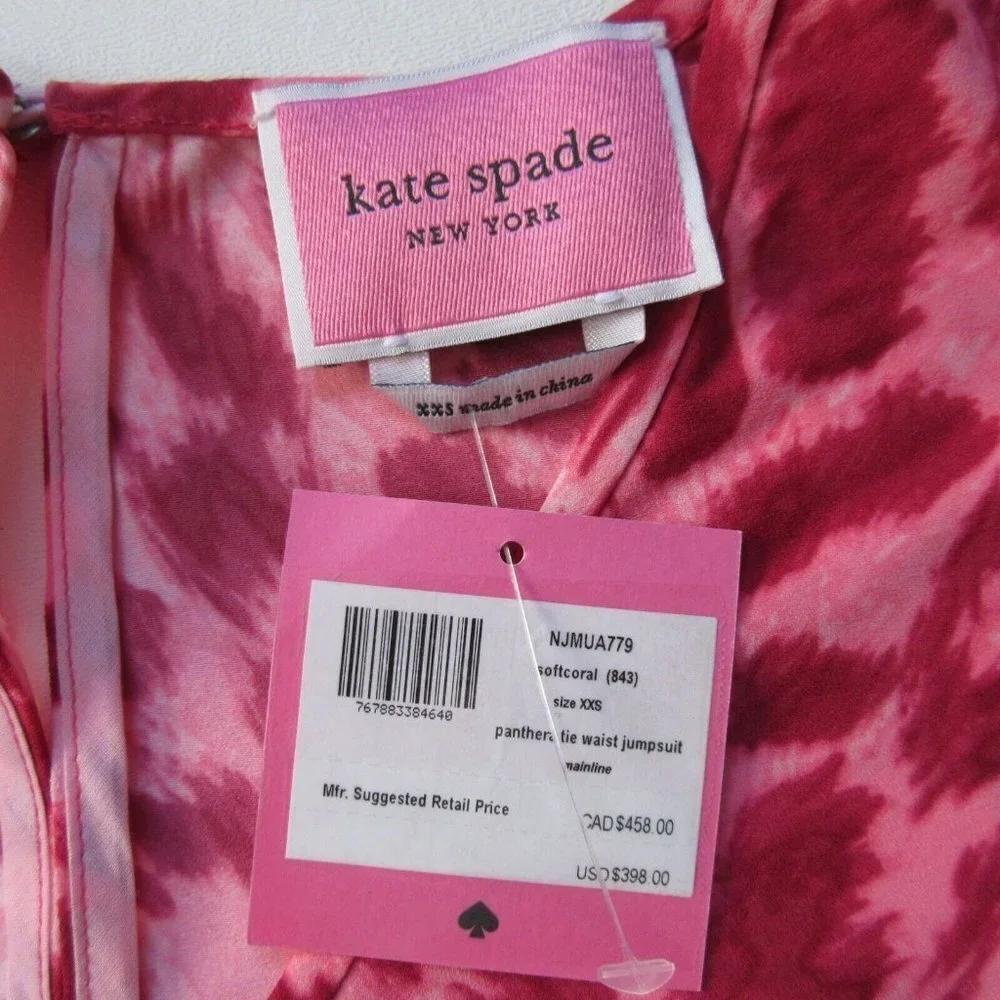 NWT Kate Spade Panthera Jumper in Soft Coral Leopard Tie Waist Jumpsuit XXS